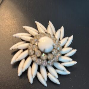 White Floral Brooch with Rhinestones